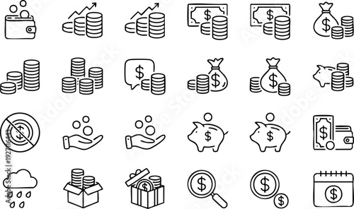 Collection of black outline representing financial concepts and money management