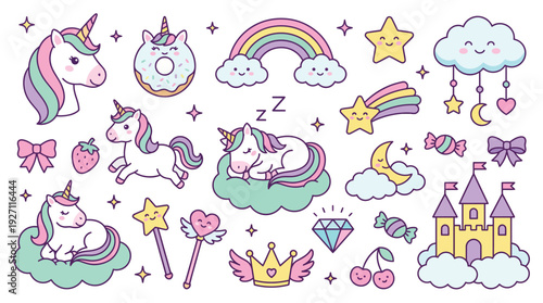 Cute unicorns elements. Kids little horse with wings. Child funny unicorn, rainbow, magic castle, clouds, stars. Fairy tale fantasy stickers for cards, invitations, posters. Vector set