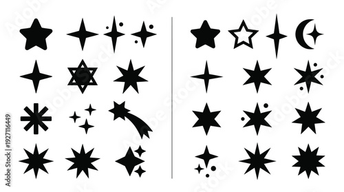 Collection of various black star and sparkle designs suitable for graphic elements in digital art and branding