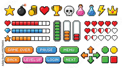 Pixel game icon. Retro video games element, arcade UI button, digital console 8-bit interface, pixels heart, bomb, star, menu buttons controller item. Vector set