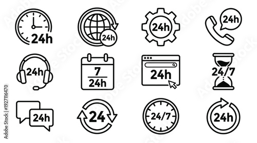 Vector set of 24 hour service icons including clocks, headsets, phones, calendars, and global support symbols in black and white style. 4 hour service and support icon vector set