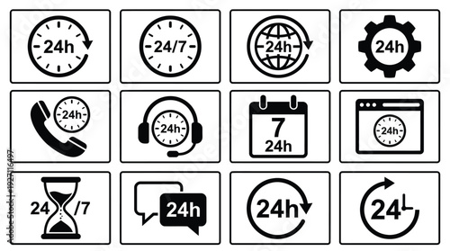 Vector set of 24 hour service icons including clocks, headsets, phones, calendars, and global support symbols in black and white style. 4 hour service and support icon vector set