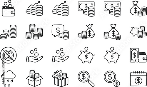 Collection of finance and money related in a grid on a white background