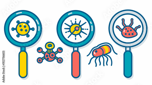 Colorful vector illustration showing magnifying glasses and various stylized microbes for scientific context