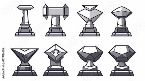 Assortment of eight stylized, grayscale trophies, each with a unique design and pedestal base
