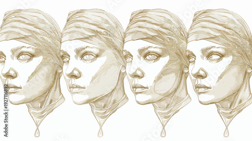 A digitally created, sepia-toned artwork depicting four women's profiles, each wearing a scarf
