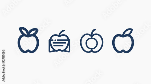 Line art illustration of four different stylized apple icons of varying designs on a white background