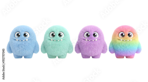 Row of Four Cute Colorful Fuzzy Monster Plush Toys with Large Eyes Isolated on White Background 3D Render Illustration