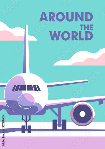 Airplane on runway. Travel and vacation banner. Vector illustration in a minimalistic style.