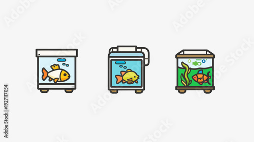 Cute cartoon illustrations of three fish tanks, each with a different fish and design