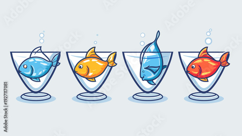 Cartoon illustration featuring four colorful fish in different poses, each in a glass