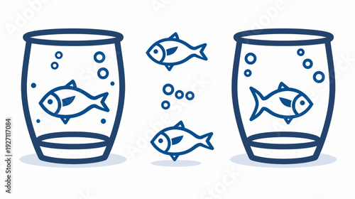 A stylized illustration depicting fish in glass bowls with bubbles. Several fish swim freely