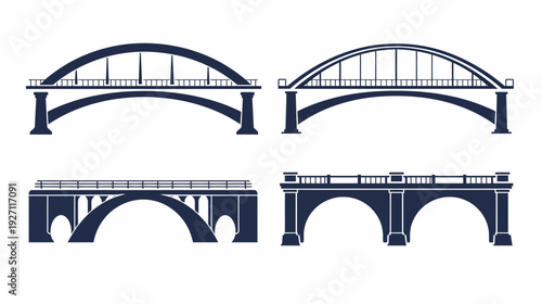 Four silhouettes of various bridge designs in dark blue, suitable for architectural or transport-related illustrations