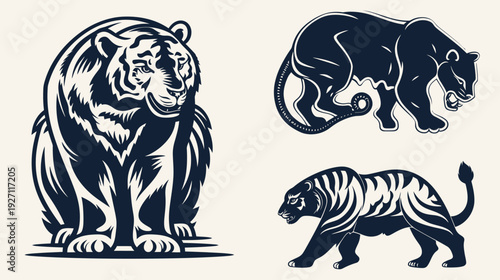 Graphic art of three tigers in different poses, rendered with a simple, two-tone color scheme