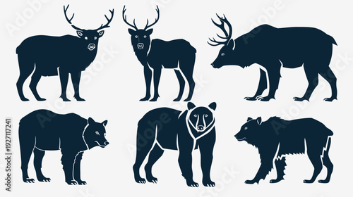 Silhouettes of woodland animals, including deer and bears, in various poses