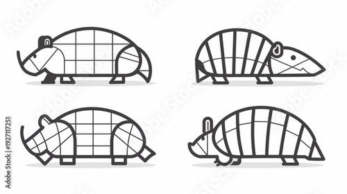 Four stylized illustrations of armadillo-like animals, in black outlines and divided compartments