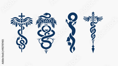 A collection of four intricate, abstract illustrations of stylized serpents and rod symbols