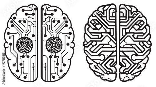 Two cerebral hemispheres with circuits in black and white, resembling a brain and technology