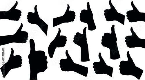 A collection of numerous black human hand silhouettes gesturing thumbsup expressing approval agreement and success on a clean white background