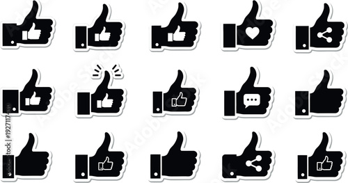 A comprehensive collection of social media thumbsup like icons with various interaction symbols for digital feedback and approval