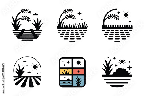 Agricultural Field Icons: Rice Paddies, Sun, Stars
