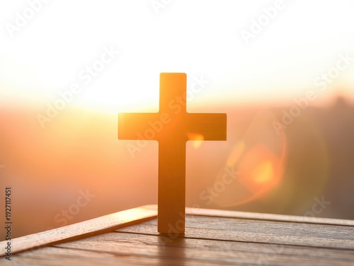 The christian Cross symbol of easter in sunset sky, AI generated image