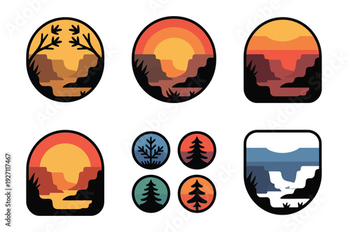 Rustic Landscape Badges: Sunset Canyons, Trees, and Winter Scenes