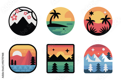 Vibrant Landscape Scene Icons: Mountains, Palms, Trees