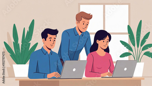 Business Team collaborating on laptops in a bright, modern office environment