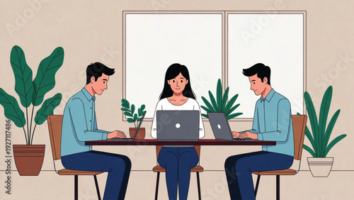 Business People working together on laptops in a modern office setting