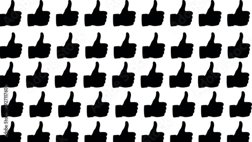 A repeating pattern of black thumbs up icons on a white background signifying approval and positive feedback for online content