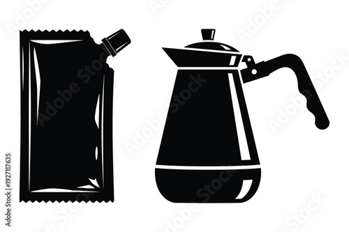 Black and white illustration of coffee pot and pouch packaging