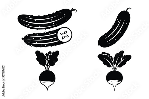 Black and white silhouette icons of cucumbers and beetroots