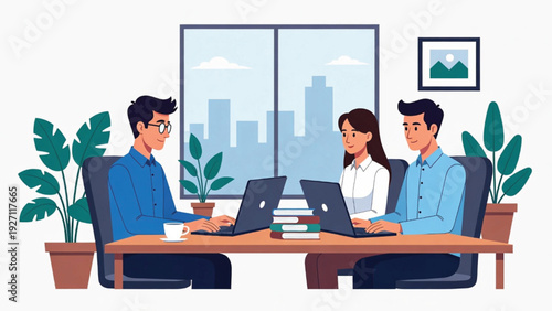 Business Team collaboration on laptops around a desk, modern office interior