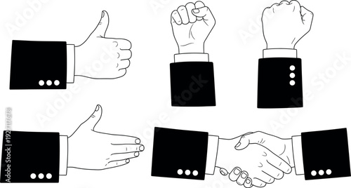 Business hand gestures collection in black and white line art showing various communication symbols like thumbs up handshake and fist