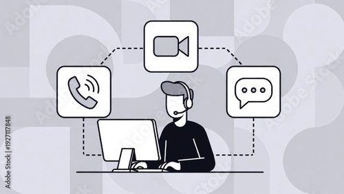 Business Operator with headset working on computer, connected to call, video, and chat