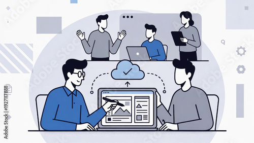 Business team collaborating on a project, analyzing data on laptop