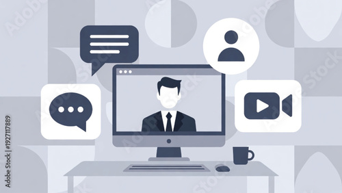 Businessman using computer for online communication, video call, and chat