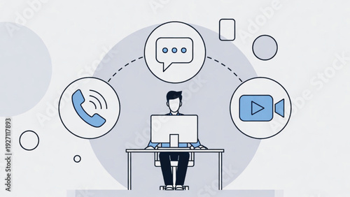 Business Person at desk with computer, using phone, video call, and chat icons