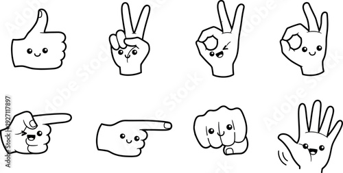 Cute cartoon hand gestures set with happy smiling faces showing various universal communication signals and expressions for digital design