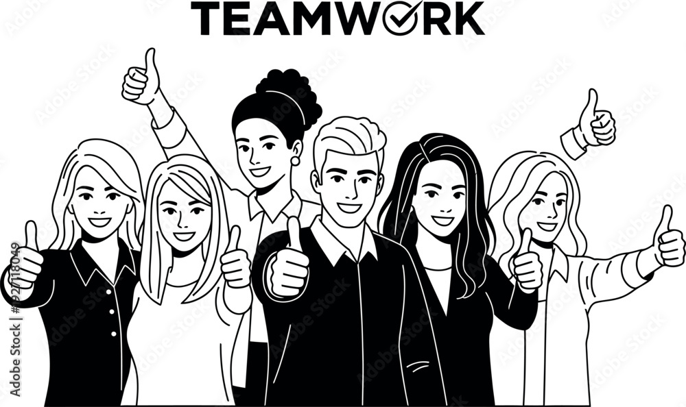 Obraz premium Diverse business team celebrating success together with thumbs up in a modern line art illustration