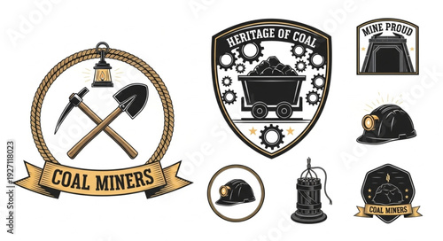 Coal mining heritage emblems and badges representing the industry.