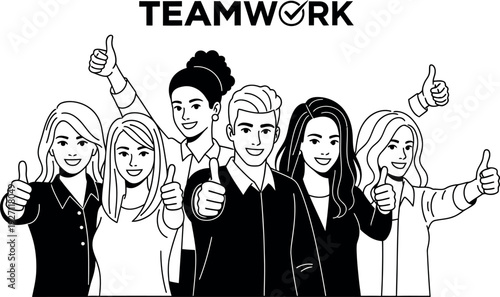 Diverse business team celebrating success together with thumbs up in a modern line art illustration