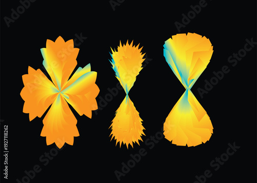 abstract symmetrical floral shapes with vibrant gradient, colorful mirrored geometric forms on dark background, modern abstract gradient flower design illustration