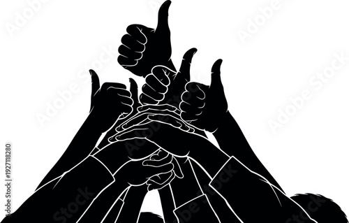 Many diverse hands stack together offering thumbsup gestures symbolizing successful team collaboration and unity