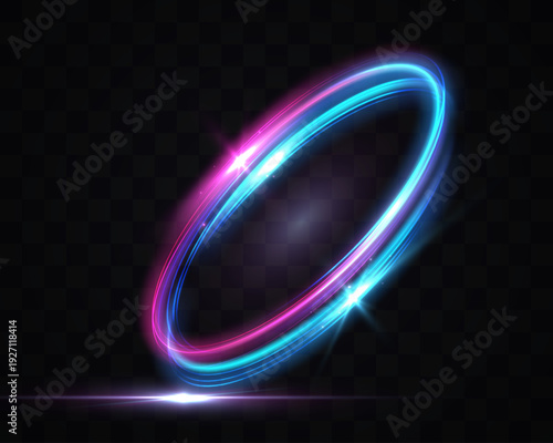 Glowing multicolored light ring in tilted circular motion with vibrant blue and pink energy trails, symbolizing speed, orbit, rotation and futuristic digital power.
