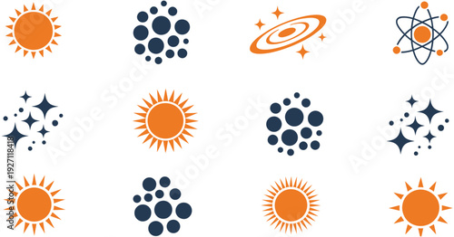 collection of nine minimalist scientific and astronomical icons in a grid for ranking space exploration achievements, featuring diverse galaxy and lab research symbols.