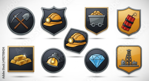 Collection of mining related icons representing various tools and resources used in the industry.