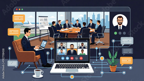 Business Video conference meeting with remote team collaboration on laptop and screen