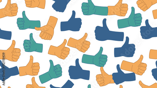 Positive seamless pattern with cartoon style thumbs up hand gestures showing approval and good feedback for social media